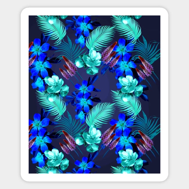 Palm Leaves And Flowers, Blue Navy Sticker by Random Galaxy